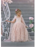 Beaded Pink Eyelash Lace Satin Flower Girl Dress With Cape